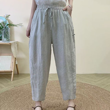 2025夏款亚麻拼接盘扣文艺百搭抽绳松紧腰女士九分小脚裤
