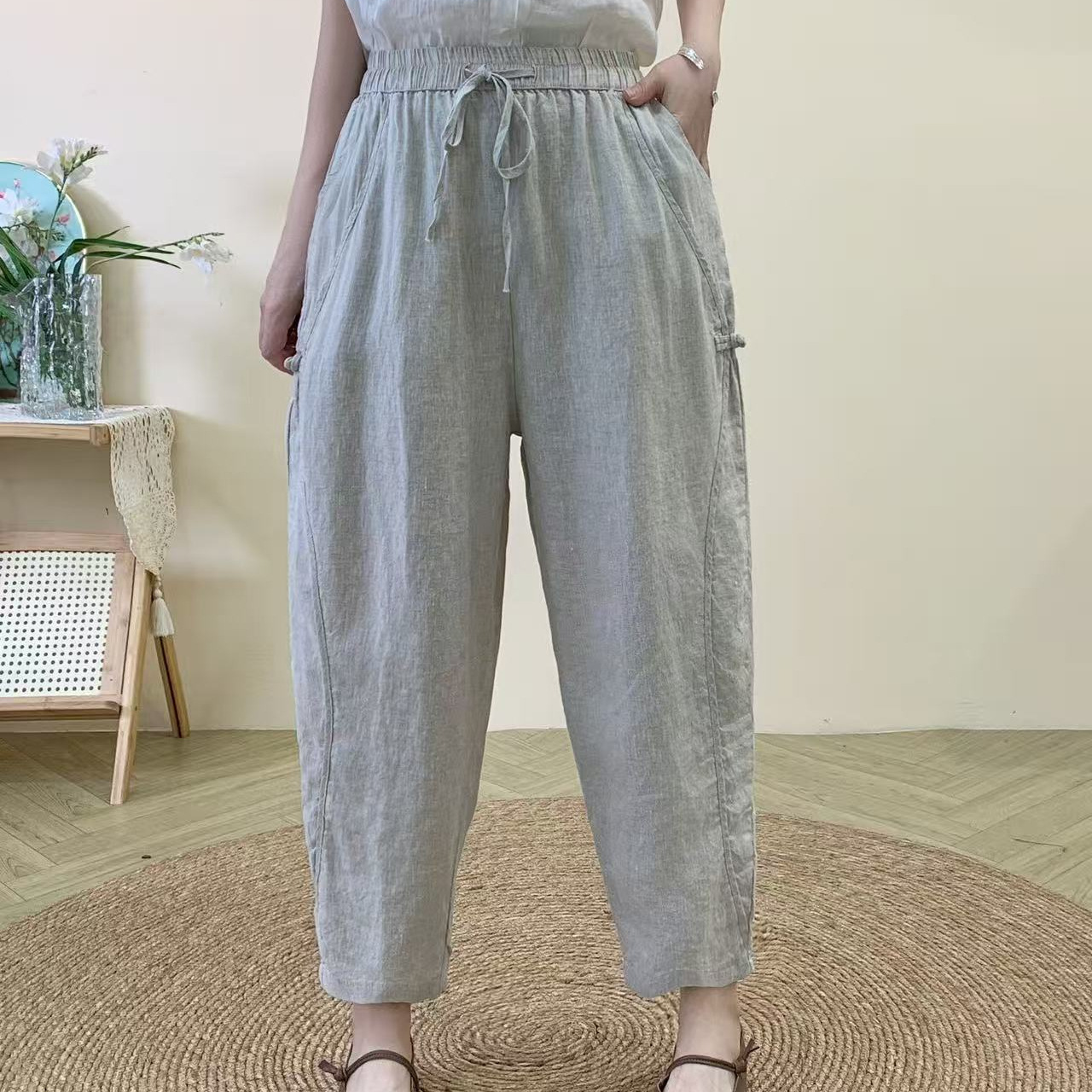 2025夏款亚麻拼接盘扣文艺百搭抽绳松紧腰女士九分小脚裤