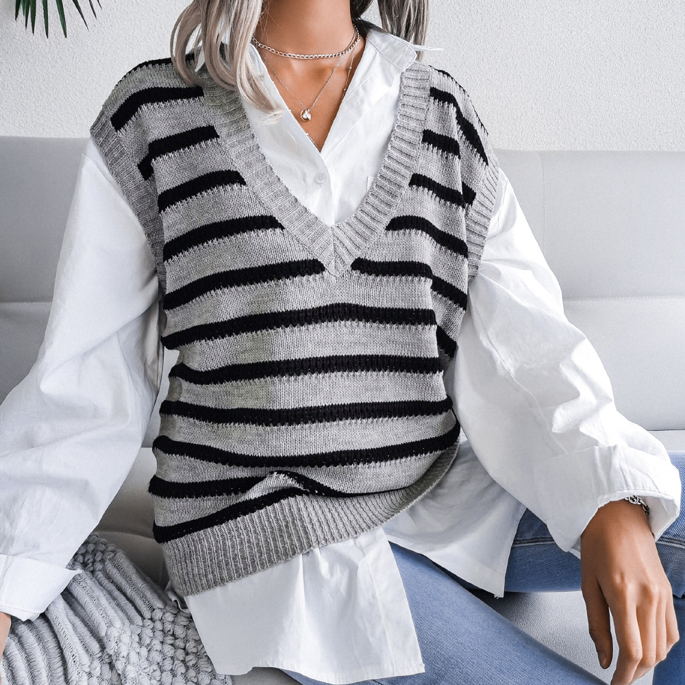 V-Neck Striped Casual Knitted Vest Sweater NSBJ97944