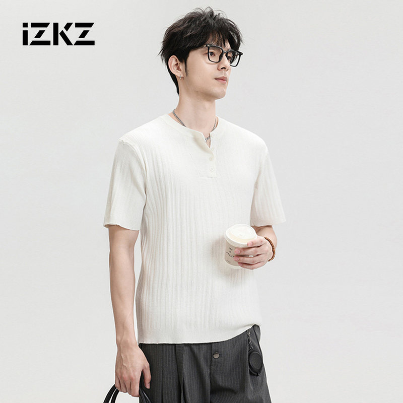 Izkz Henry Collar Knitted White Short-Sleeved Men's Summer 2026 New Casual Style Business Versatile T-Shirt Top