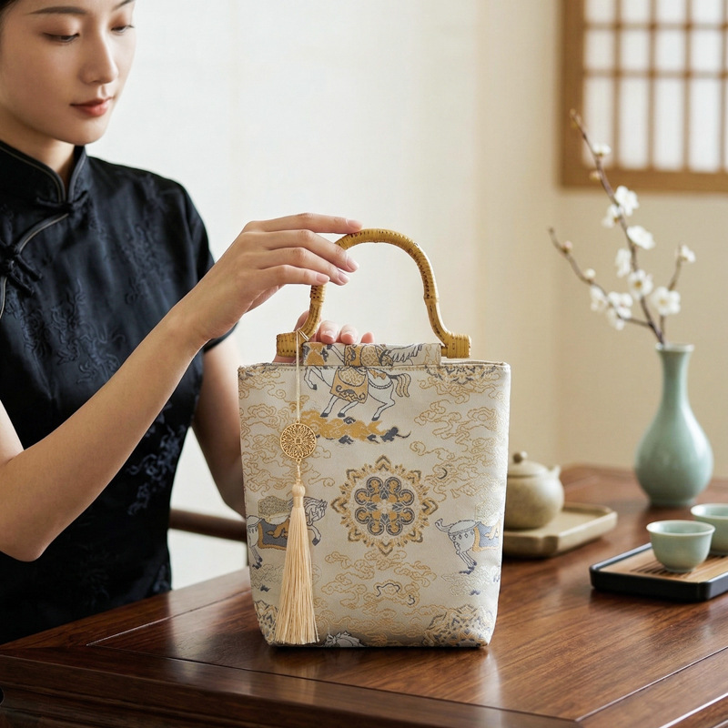Women's Bag New Chinese Style National Style Handbag 2026 Bamboo Handle Retro Style Hanfu Cheongsam Handbag Hot-Selling Women's Bag