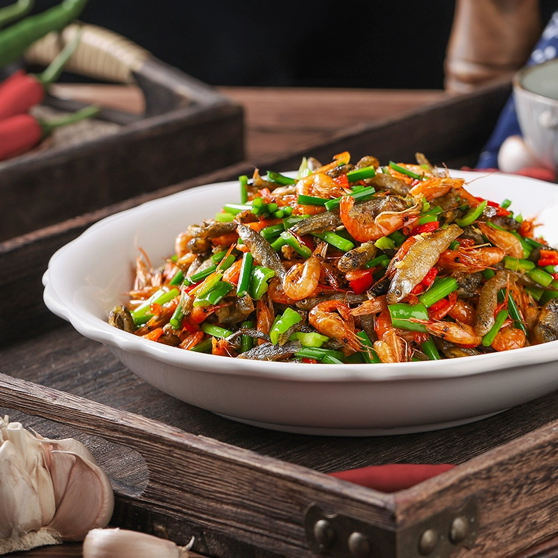 Выбранная смесь жареной мелкой рыбы и креветок для коммерческого использования, специальные замороженные полуфабрикаты для жарки, ингредиенты кухни Хунань, частная кухня.