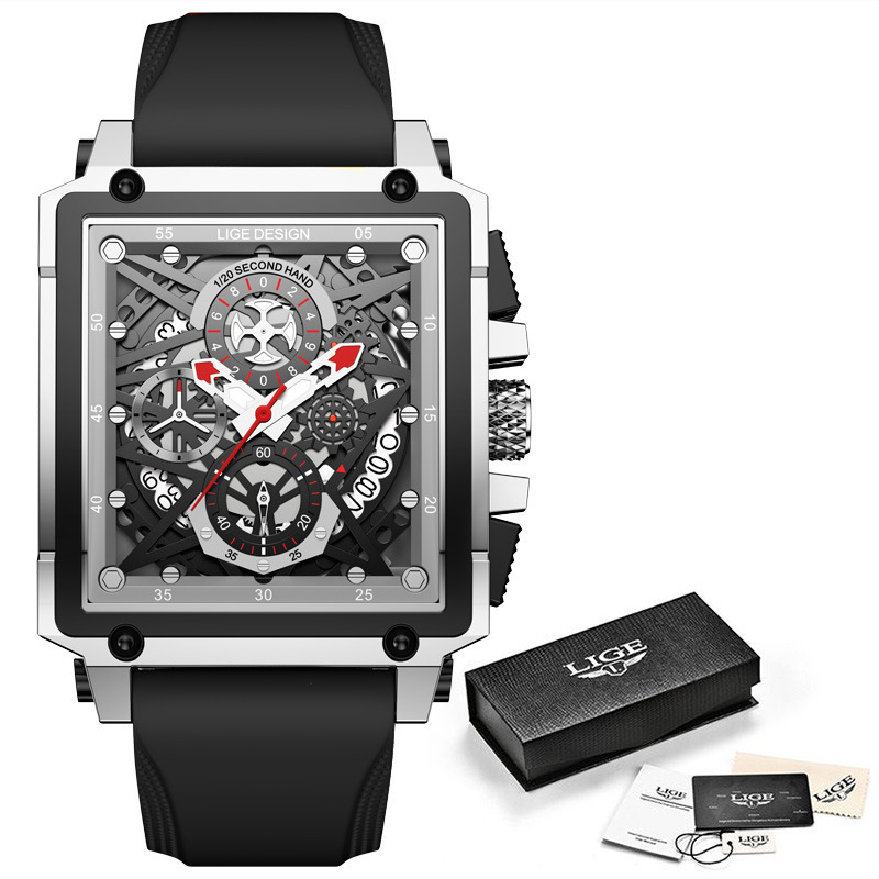 LIGE 8935 cinta deportiva placa cuadrada personalizada creativa cuarzo hueco fresco reloj de los hombres calendario