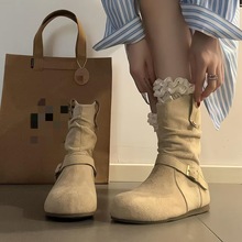 圆头复古皮带扣绒面马丁靴女2025冬新款百搭显瘦加绒保暖勃肯短靴