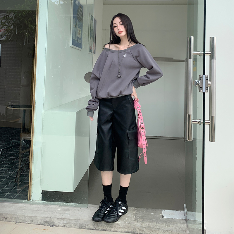 American Retro Pu Leather Cropped Pants for Women 2025 Spring & Fall Flap Pocket Pants Design Straight Wide Leg Mid-Pants Overalls Leather Pants