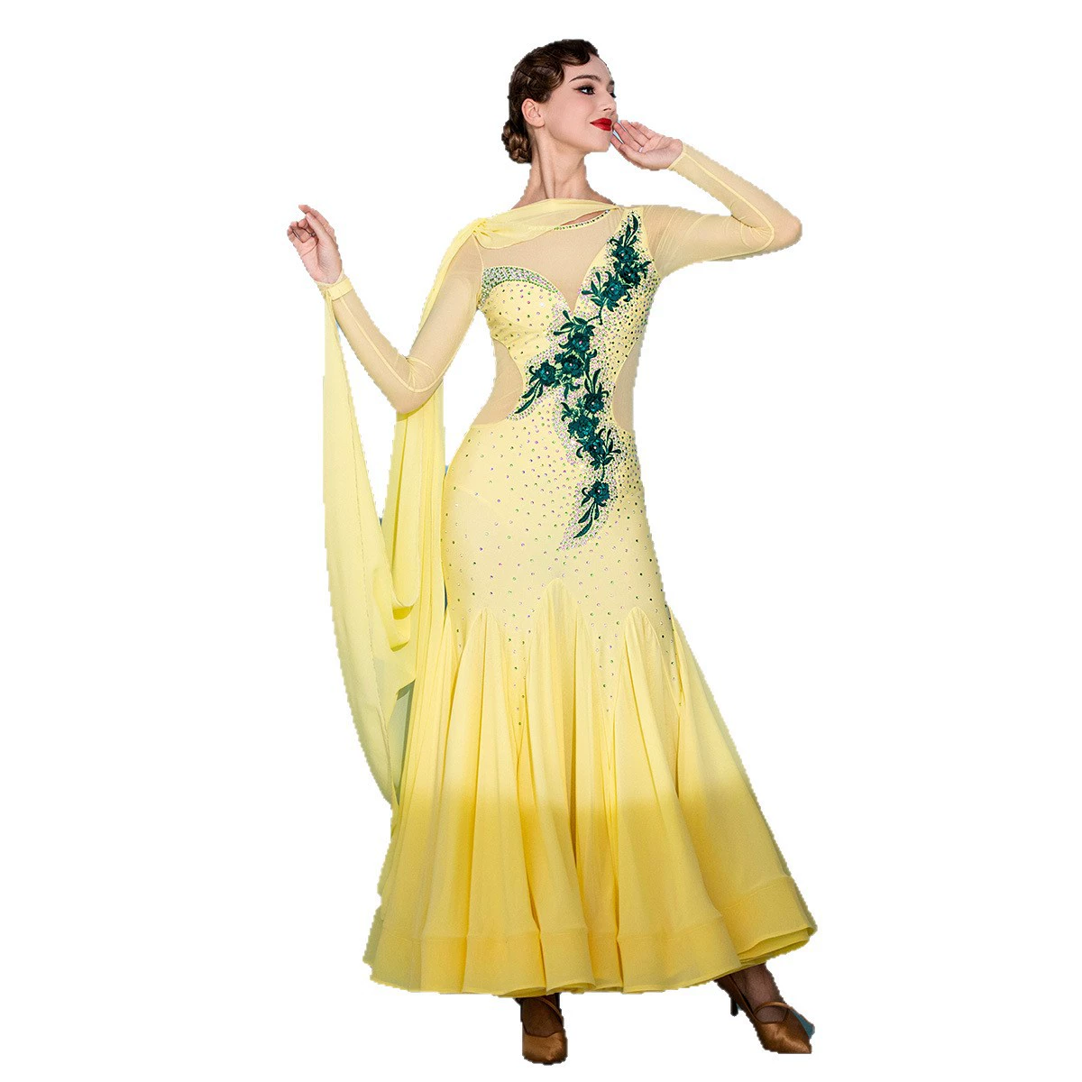 Manha Yellow Rose! Индивидуальное окрашивание британскими материалами! Элегантная обтягивающая на бедрах односторонняя парящая марлевая юбка для современного танца S7109, костюм по стандарту танцев