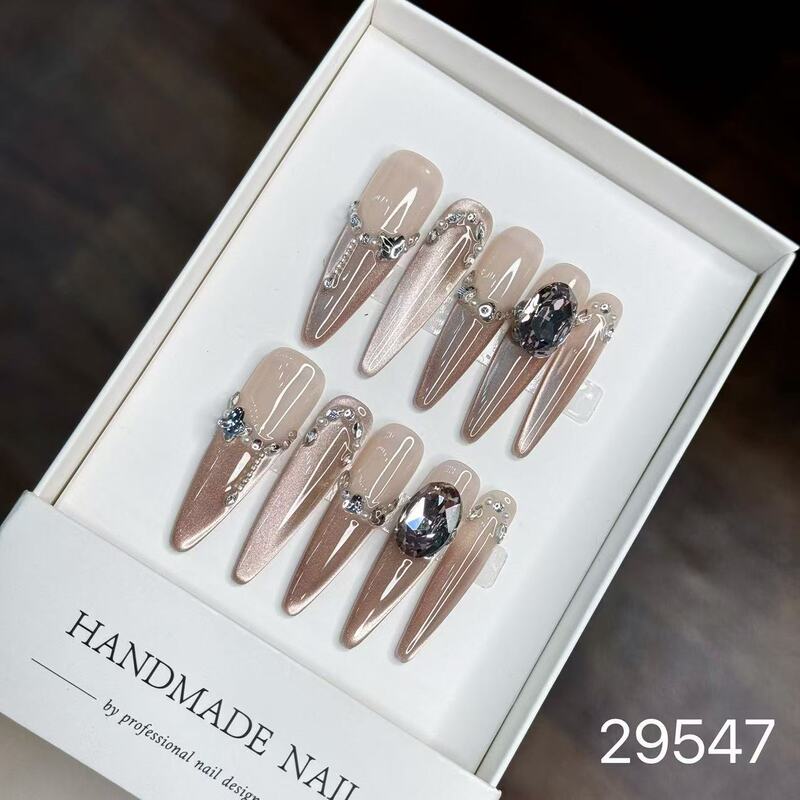 【純手作りのつけ爪29-32】ロングフレンチキャットアイパッチ付け爪、取り外し可能なネイルアートコレクション|undefined