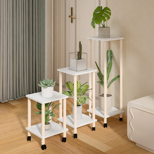 Living Room Movable Solid Wood Flower Stand Indoor Flower Pot Double-Layer Storage Rack Balcony Floor-Standing Wheeled Flower Stand J&