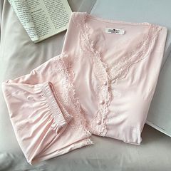 夏季新款女士睡衣天丝棉压花带胸垫花边甜美双短可外穿家居服套装