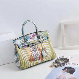 2025新款休闲女包铂金包牛皮涂鸦大气手提单肩斜挎包欧美经典款潮