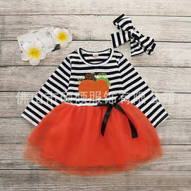 跨境亚马逊热卖新款女童网纱连衣裙万圣节南瓜印花棉+网纱+头巾
