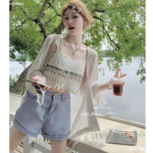Ethnic Style Embroidered Tassel Shirt for Women, Summer Thin Shawl, Casual Cardigan, Air-Conditioning Shirt, Blouse, Versatile Top