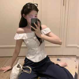 尺寸已更新 韩系简约气质一字领收腰显瘦百搭通勤衬衫女上衣
