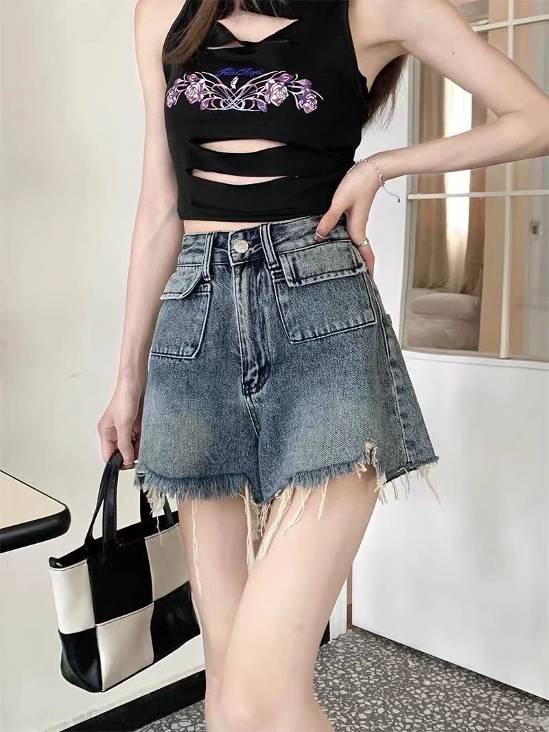 EBAY 랩 높은 허리 A 라인 데님 반바지 여성 통통녀 여름 핫 걸스 INS 하이 스트리트 디자인 센스 와이드 레그 핫 바지