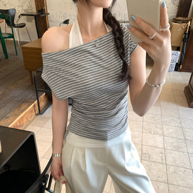 One-Shoulder Striped Halter Neck Faux Two-Piece Off-Shoulder Short-Sleeve T-Shirt for Women, Summer 2026 New Design Korean Style Top One-Shoulder Striped Halter Neck Faux Two-Piece Off-Shoulder Short-Sleeve T-Shirt for Women, Summer 2026 New Design Korean Style Top
