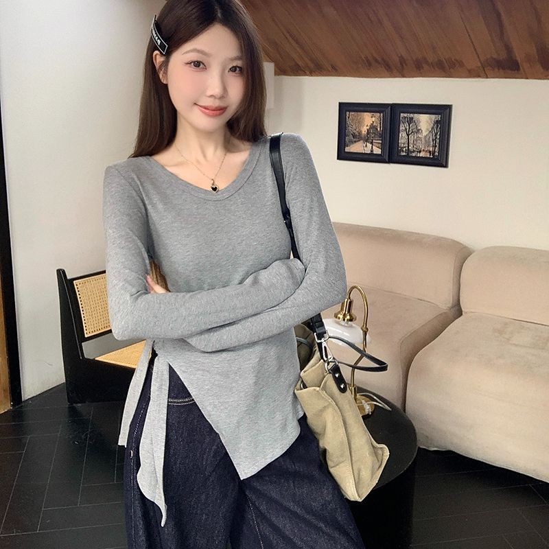 不规则开叉长袖t恤女2025新款秋季设计感系带内搭打底衫上衣大码|undefined