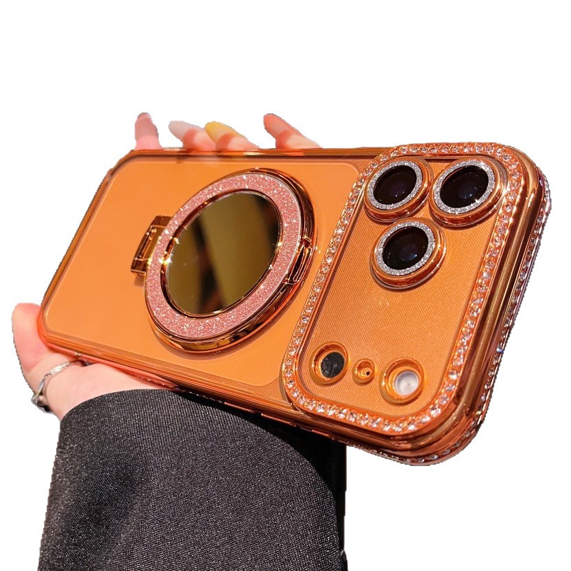 Square Diamond + Glitter Ring Mirror Stand Suitable 17 Pro Max Phone Case, New Model For IPhone 16/15/14_voghion.com