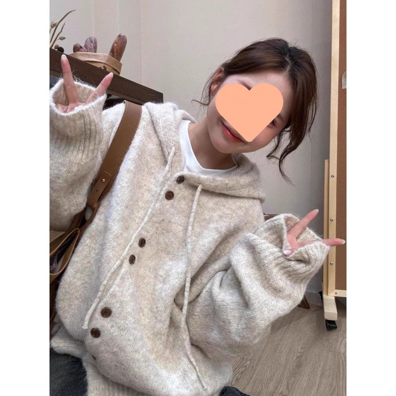慵懒风开衫外套女灰色连帽毛衣秋冬季韩系穿搭oversize针织衫上衣|undefined