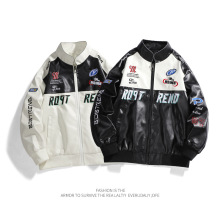 新款拼色2025高级感上衣棒球服皮衣日系潮牌美式飞行PU男女款刺绣