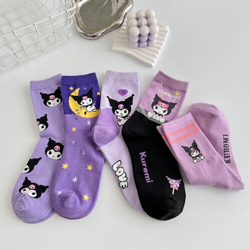 Japanese cartoon socks for women, purple combed cotton mid-calf women’s socks, cute little witch stockings, dropshipping