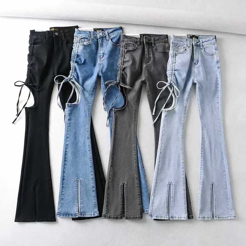 European and American Style Spicy Girl Side Drawstring Lace-Up Hollow-Out Leg-Revealing Flared Pants for Women, High-Waisted Slim Fit Front Slit Denim Long Pants