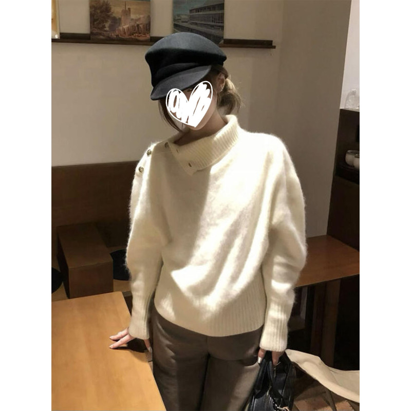 韩系新款毛衣软糯高级感白色长袖不规则翻领女早秋慵懒风宽松上衣|undefined
