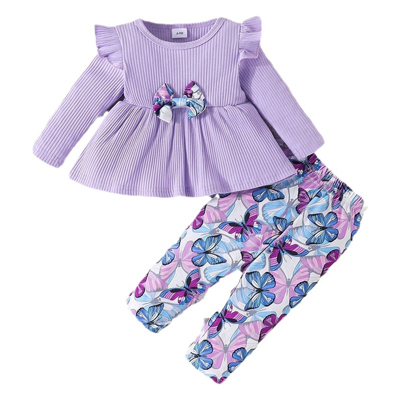 Exclusional transfronterizo-primavera y otoño bebé pit top de manga larga pantalones con estampado de mariposa traje de dos piezas casual bebé