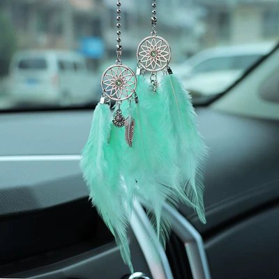 Car hanging: Rearview Mirror Car Hanging - light-blue-green-feathered-dream-catcher