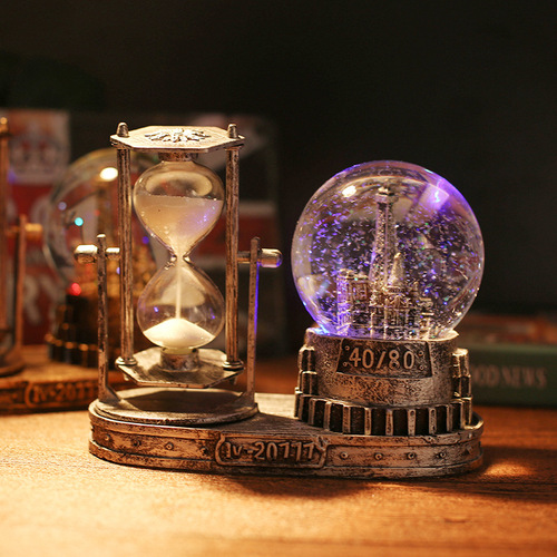 Creative retro crystal ball iron tower hourglass flashing music home desktop decoration ornaments student teacher gift