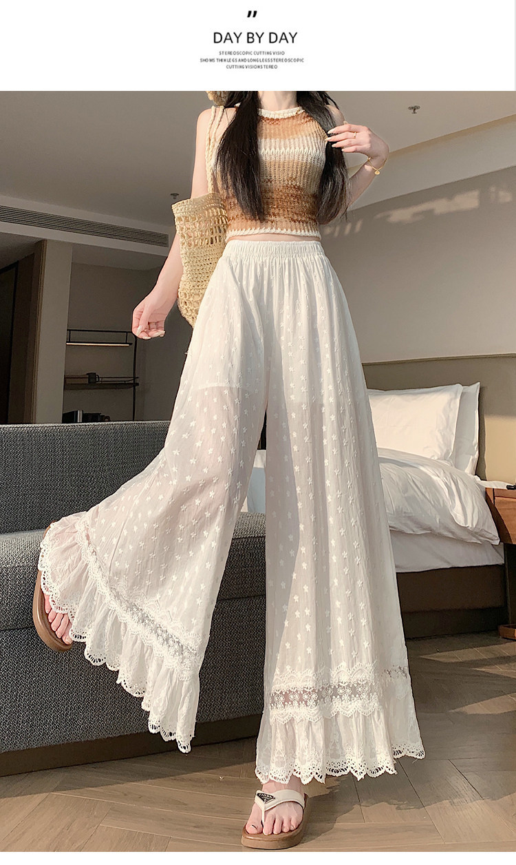 Quần culottes nữ ống rộng ren thêu rỗng cạp cao — màu trắng chi tiết 21