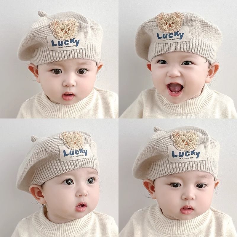 Children's Beret Baby Girl Hat Autumn and Winter Korean Style Bear Infant Boy Knitted Wool Painter Hat Trendy