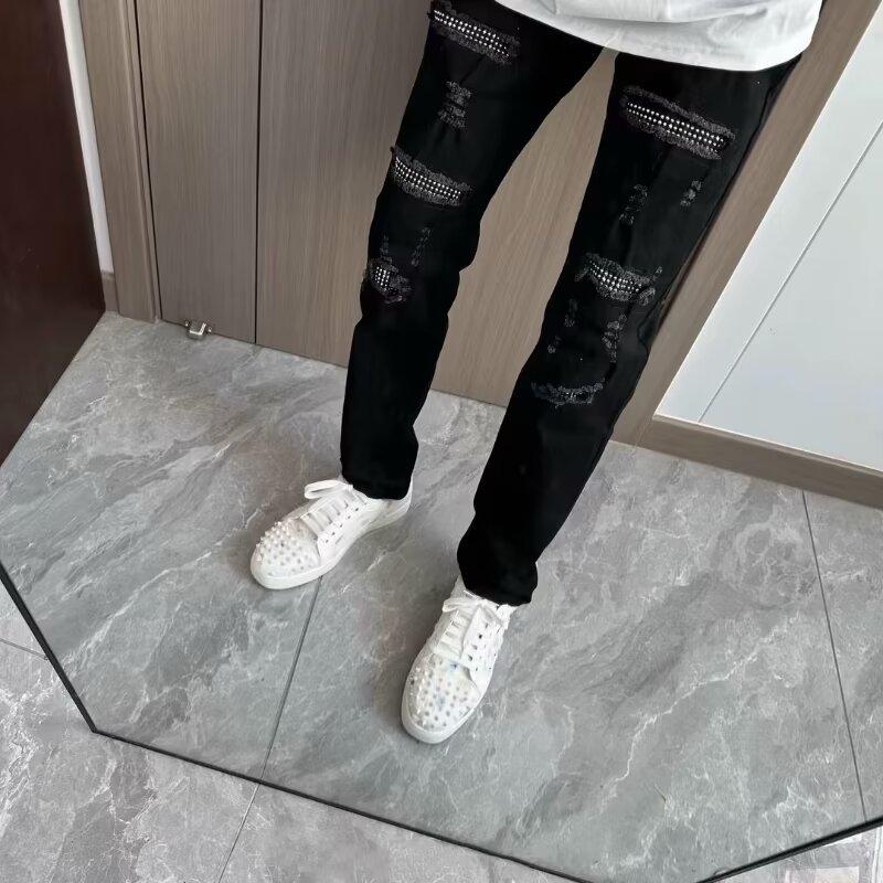 New Casual High Street Ripped Jeans Unisex Rhinestone Slim Straight Pants Spring Autumn Mid-Waist Regular_mkmklike.com