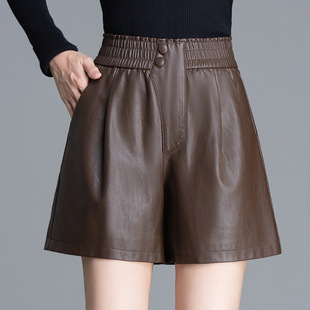 elastic waist slim fashion PU leather shorts 2024 autumn simple wide leg pants casual temperament boots pants outside wear
