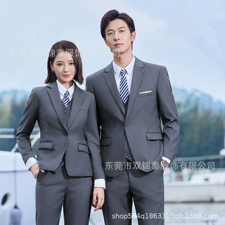定制职业装西服套装男女同款酒红西装4S店销售工作服女售楼部正装
