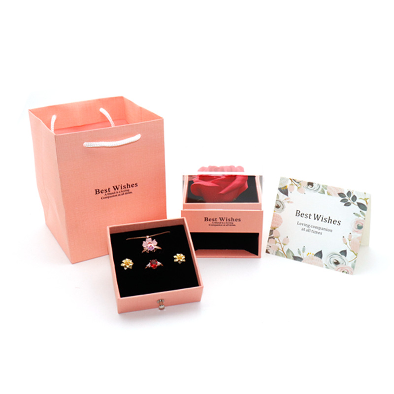 Qixi día de San Valentín caja de flores eterno rosa única anillo acrílico pendientes colgante conjunto caja de regalo de almacenamiento