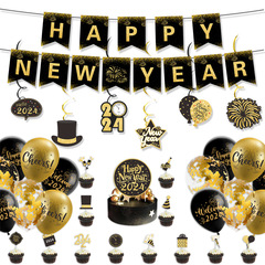 2024 New Year Happy Flag Balloon Set New Year's Day School Party Gathering Decoration Hanging Ornament Wholesale Customization