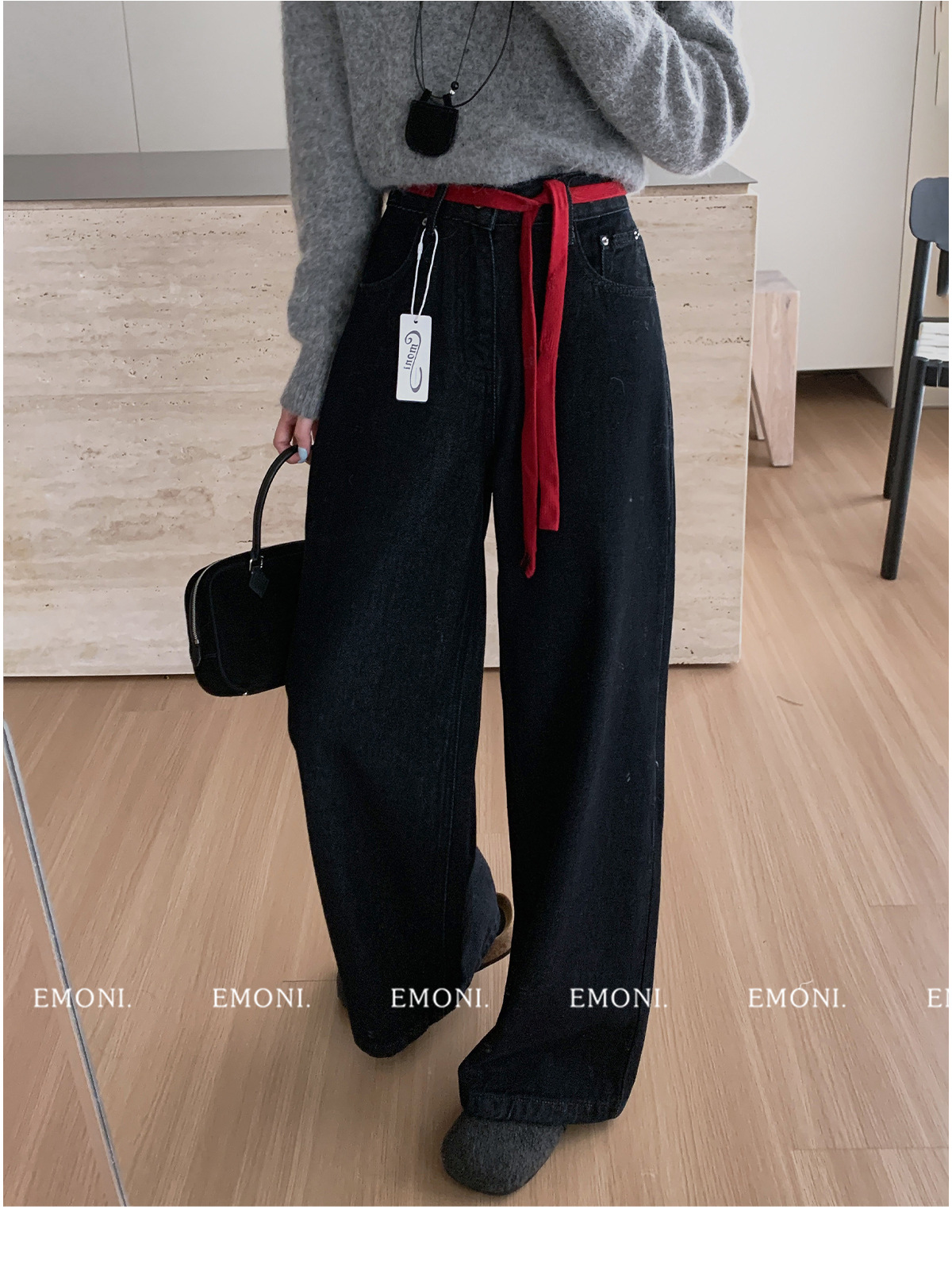 EMONI black and gold fleece jeans with belt for women 2024 Winter new Korean style straight-leg casual pants 63614 pic 7