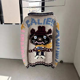 现货秋冬新款费尔岛考伊琴跨境粗棒针纯手工机器熊毛衣开衫外套