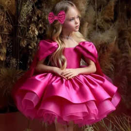 跨境外贸女童礼服2025新款吊带蝴蝶结公主蓬蓬裙玫红色儿童演出服