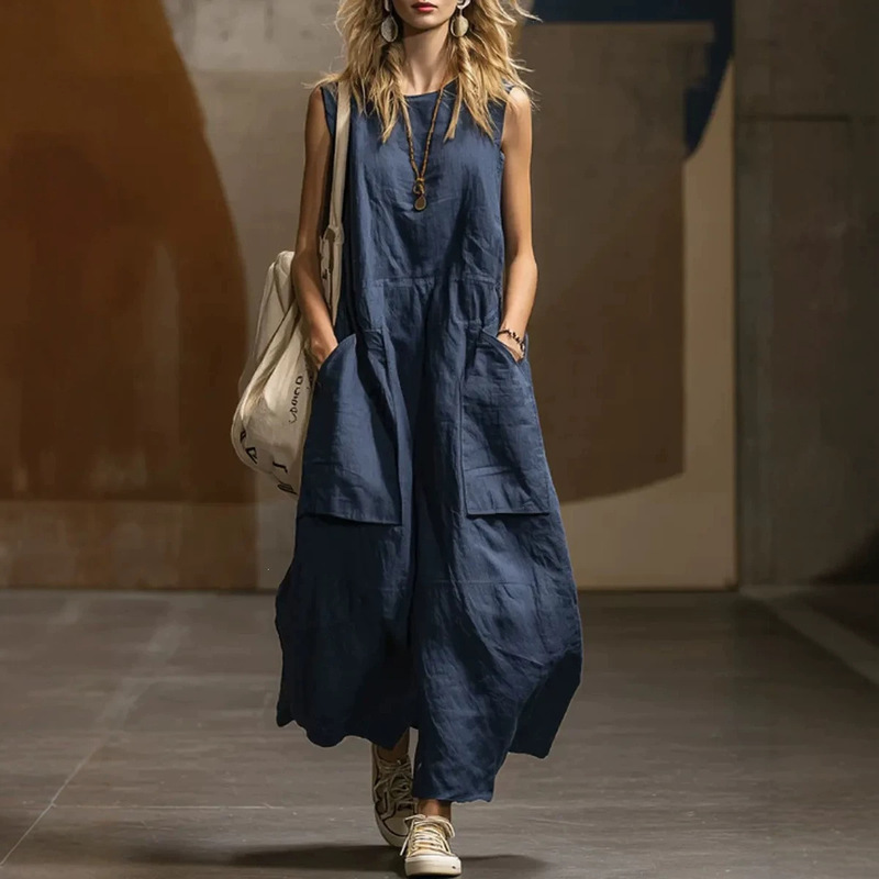 European and American Cross-Border Spring and Summer New Fashion Casual Loose Slimming Round Neck Sleeveless Dress with Three-Dimensional Pockets for Women