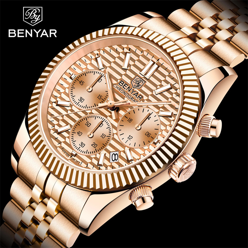 Binya benyar reloj de cuarzo de acero fino multifuncional para hombre de seis Pines de acero fino de moda luminoso impermeable calendario reloj de hombre S001