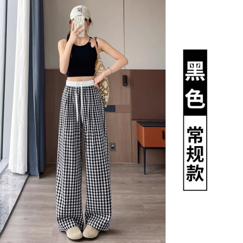 アイスシルクチェック柄パンツ女性の夏薄いハイウエストドレープ 2025 新しいストレートカジュアルルーズ怠惰なスタイルワイドレッグパンツ|undefined