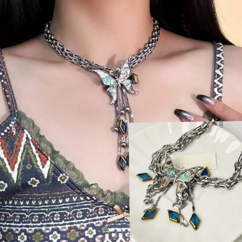 Sweet Cool Fashion Heavy Craft Mother-of-Pearl Butterfly Tassel Necklace Minimalist Style Niche Design Sense Choker_voghion.com