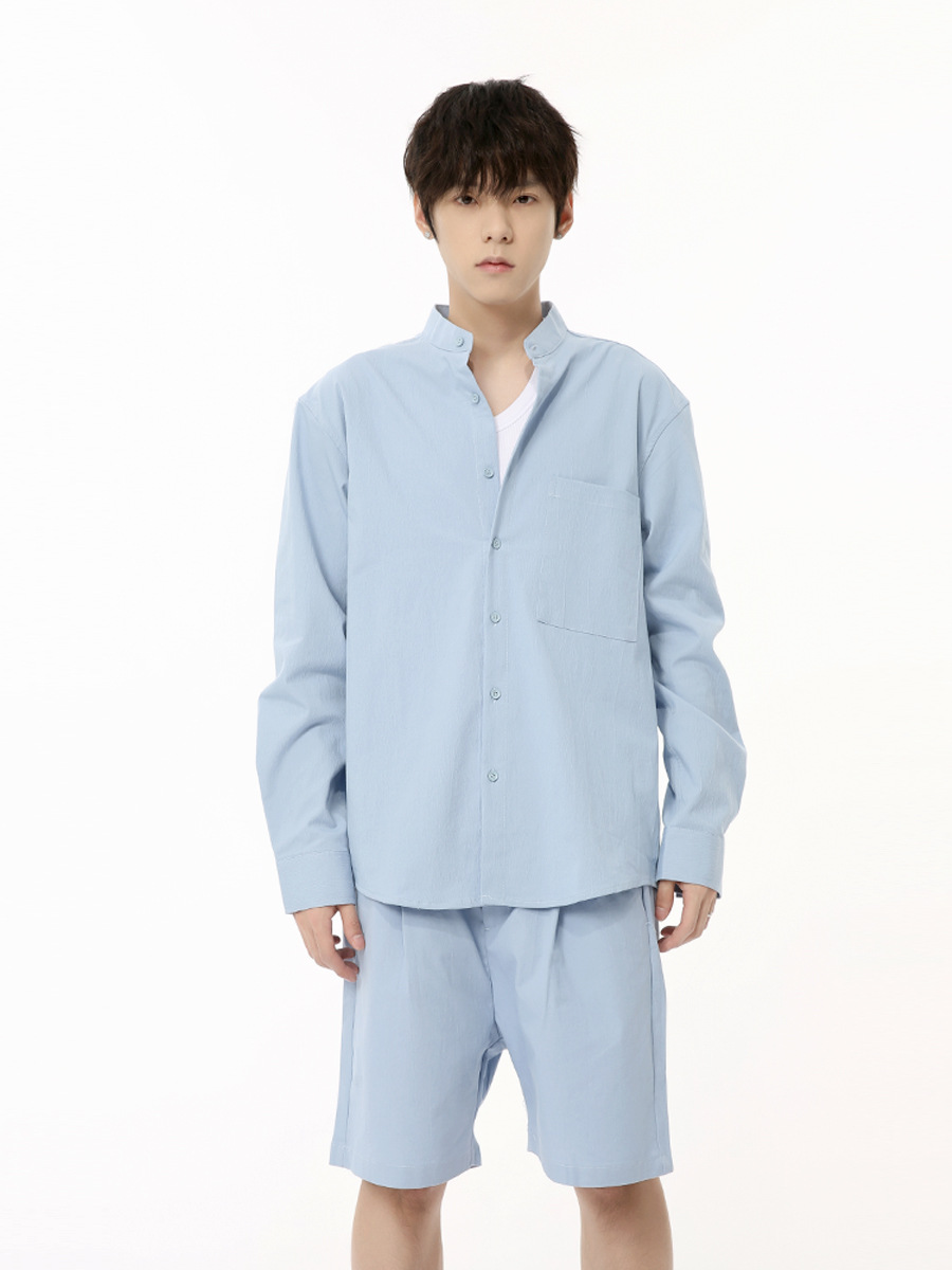 MTLCLOTHES Hombres| Camisas de color sólido coreanas, pantalones casuales de cinco puntos, moda diaria de traje de viaje