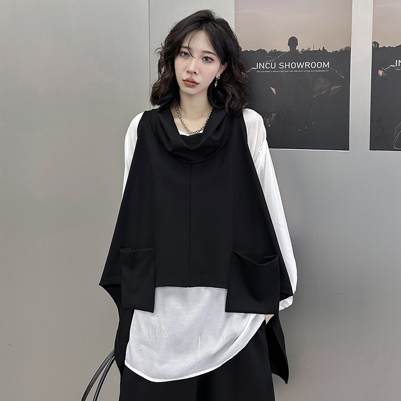 Japanese style dark style irregular vest for women 2023 spring and autumn loose inner long sleeve T-shirt casual two-piece suit