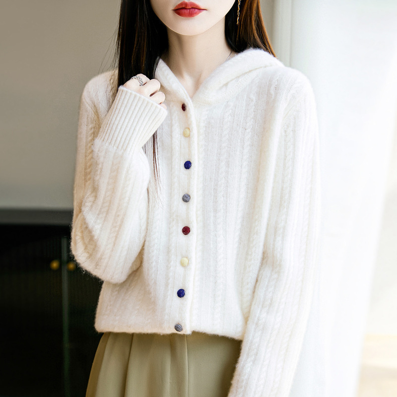 重磅加厚100纯羊毛开衫女秋冬毛衣宽松上衣连帽羊绒针织女装外套|undefined