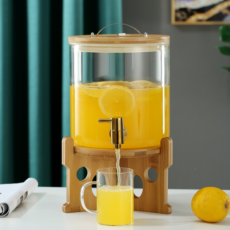 Gran capacidad de vidrio de borosilicato comercial de autoservicio de cola Cubo de jugo de limón hogar tanque de agua fría con grifo Cubo de vino