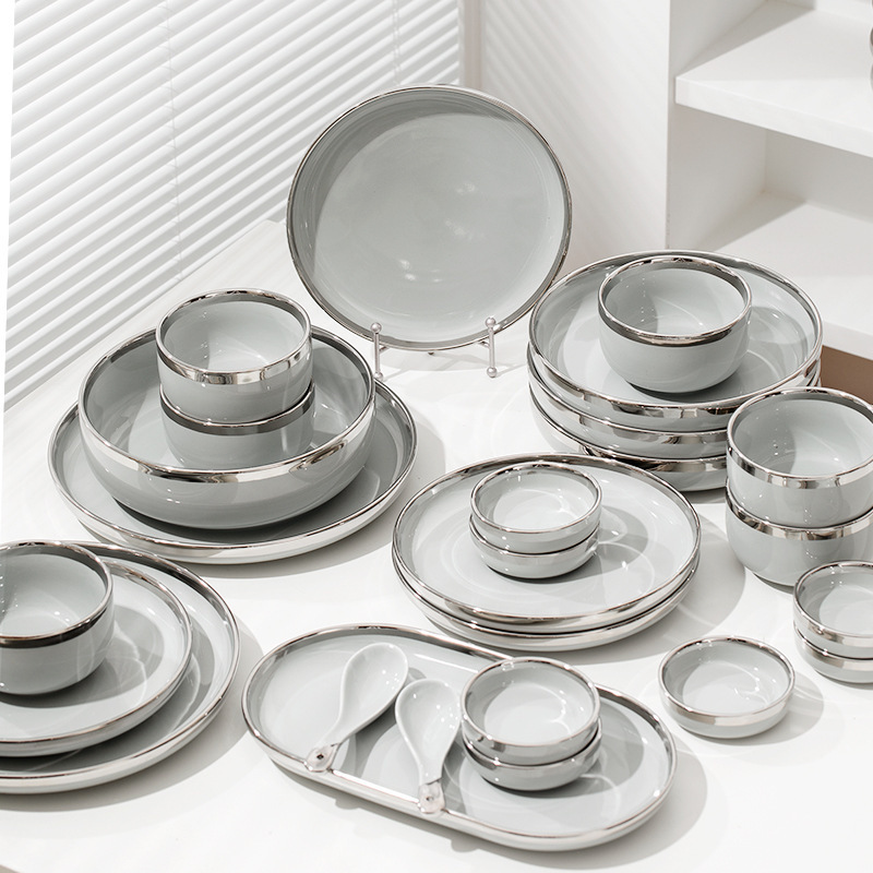 Light Luxury Silver Edge White Grey Dishes Set Household Ceramic Tableware Rice Bowl Soup Bowl Vegetable Plate Combination Gift Box