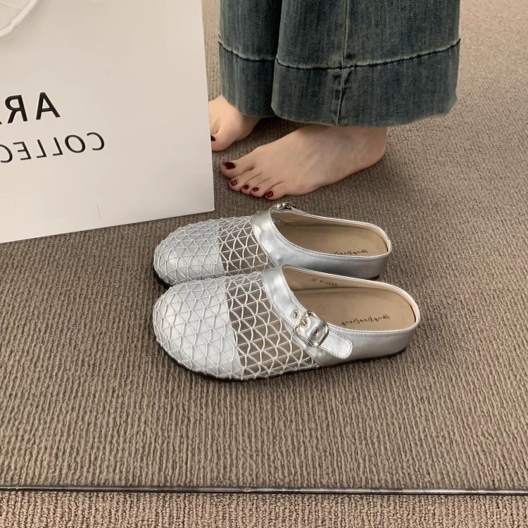 Media pantuflas de malla transpirable hueca de nicho francés, mujer que usa una red de pesca de suela gruesa para el verano, zapatos Birken