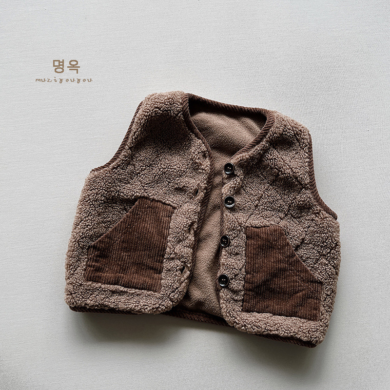 Chaleco de felpa a juego para niños invierno nuevo top para niños y niñas chaleco cálido personalizado de color de contraste de estilo japonés y coreano